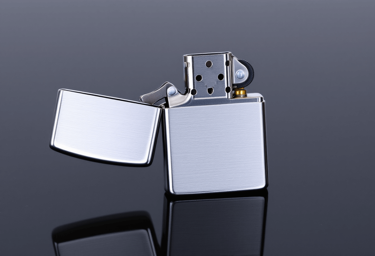 Briquet métal argenté ouvert.