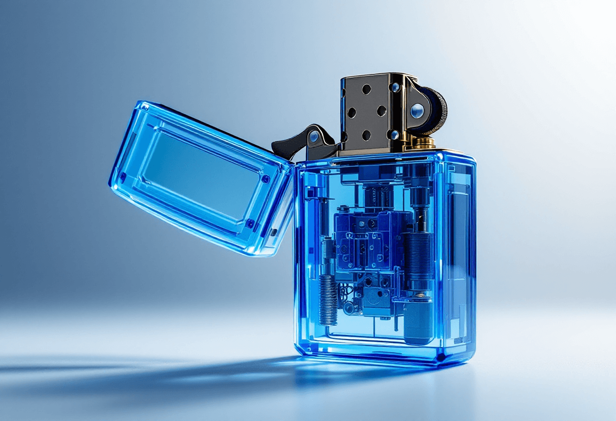 Briquet bleu transparent en studio.